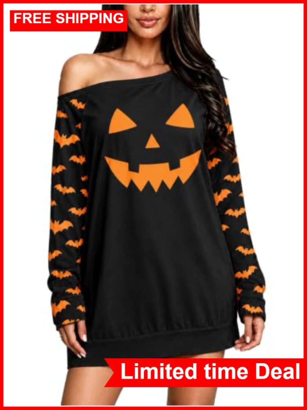Halloween Pumpkin Off-Shoulder Sweatshirt Dress